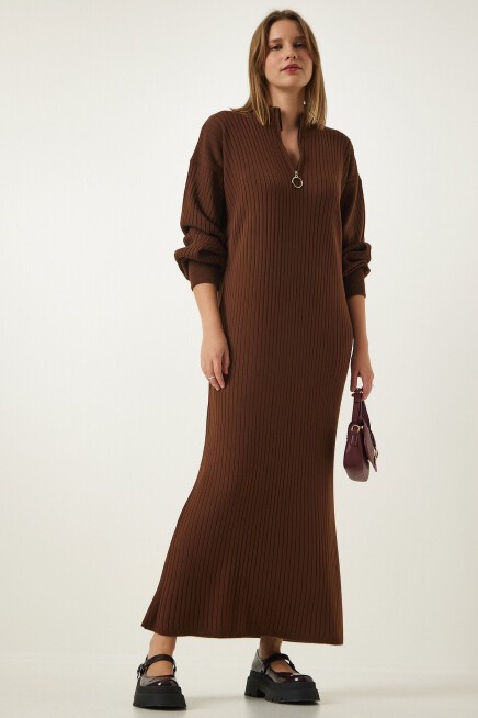 Fermuarlı Yaka Fitilli Uzun Triko Elbise KAHVERENGİ LDD0049