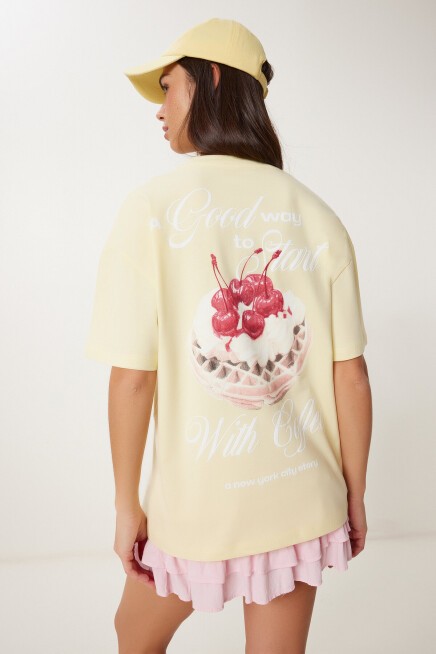 Kabartma Baskılı Örme T-shirt SARI LCR0067