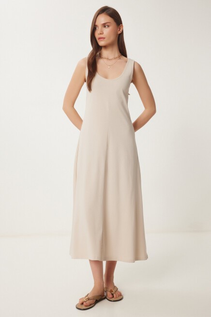 Kolsuz Basic Yazlık Örme Elbise KREM LCR0057
