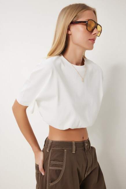 Lastikli Crop Örme T-shirt EKRU LCR0044