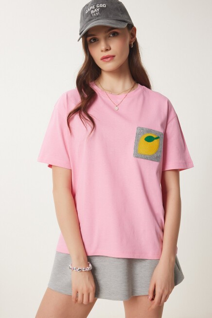 Nakış Cepli Pamuklu T-shirt PEMBE LCR0025
