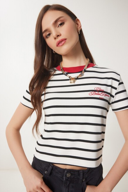 Nakışlı Çizgili Kısa Örme T-Shirt BEYAZ LCR0019