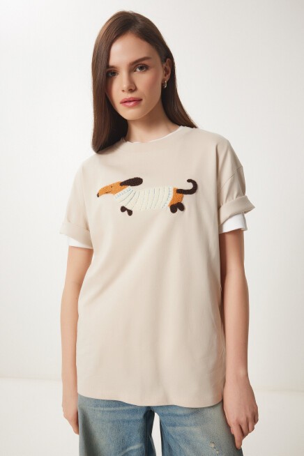 Nakışlı Pamuklu Oversize Örme T-Shirt KREM LCR0031