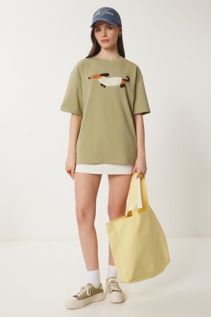 Nakışlı Pamuklu Oversize Örme T-Shirt ZEYTİN YEŞİLİ LCR0031