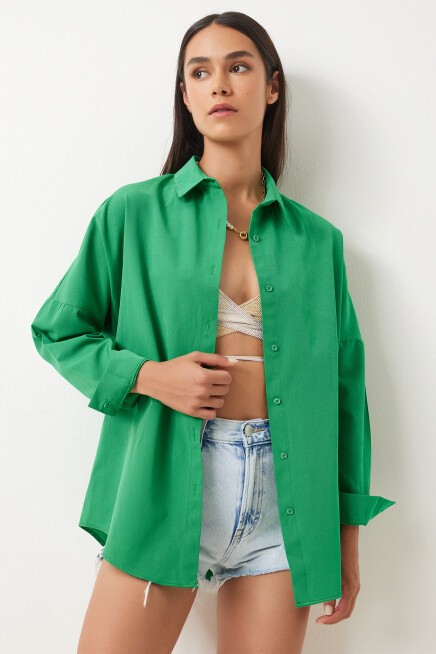 Oversize Basic Gömlek CANLI YEŞİL LDD0003