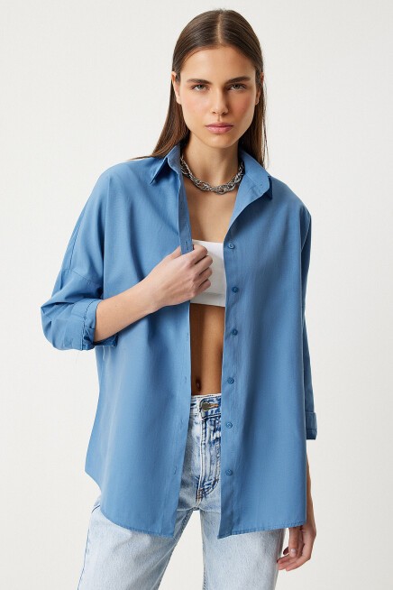 Oversize Basic Gömlek İNDİGO MAVİ LDD0003