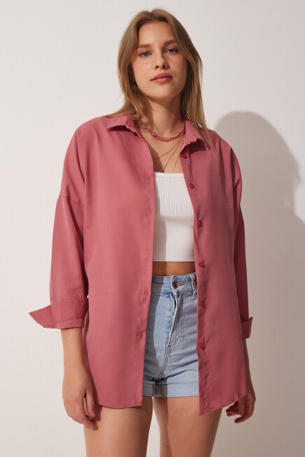 Oversize Basic Gömlek KOYU GÜL KURUSU LDD0003