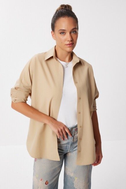 Oversize Basic Gömlek KOYU KREM LDD0003