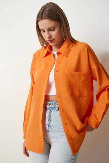 Oversize Basic Keten Ayrobin Gömlek ORANJ LDD0009