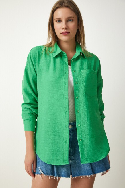 Oversize Basic Keten Ayrobin Gömlek YEŞİL LDD0009
