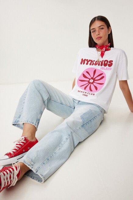 Oversize Baskılı Örme T-shirt BEYAZ LCR0060