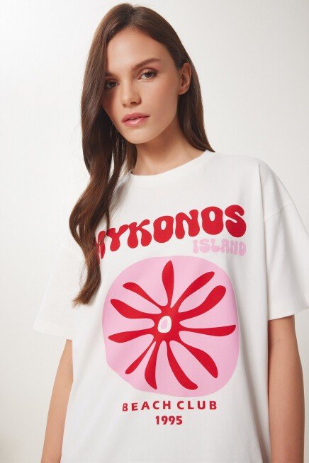 Oversize Baskılı Örme T-shirt EKRU LCR0060