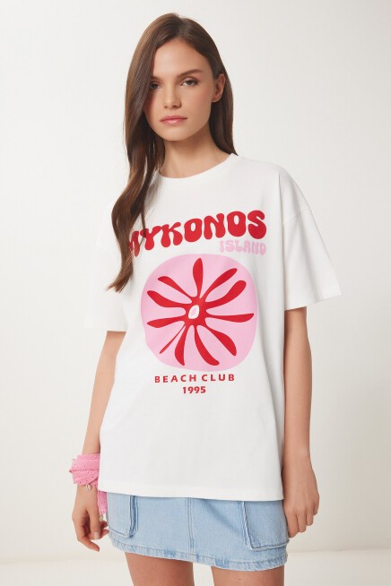 Oversize Baskılı Örme T-shirt EKRU LCR0060