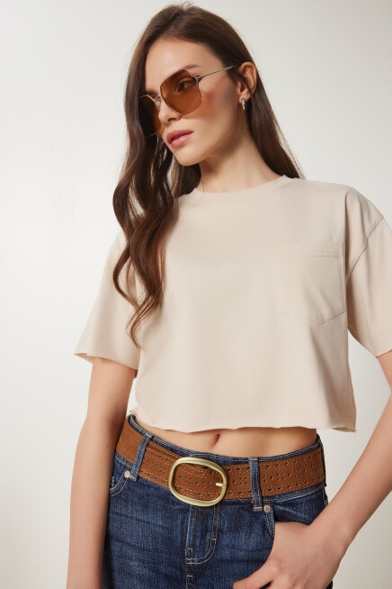 Pamuklu Crop Örme T-Shirt KREM LCR0018