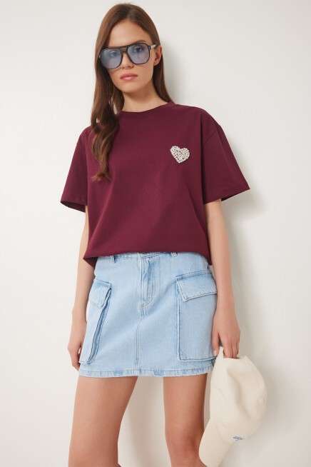 Şık Taşlı Kalp Detaylı Örme T-shirt BORDO LCR0066