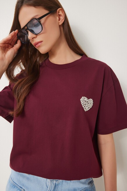 Şık Taşlı Kalp Detaylı Örme T-shirt BORDO LCR0066