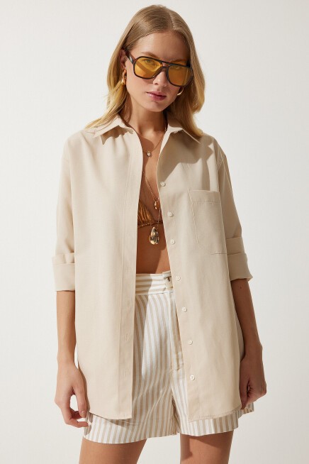 Tek Cepli Boyfriend Poplin Gömlek LATTE LCY0001