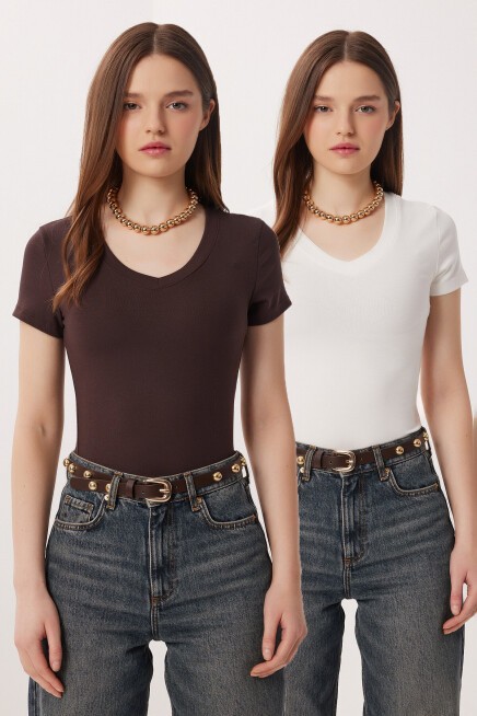 2’li Paket V Yaka Basic Örme T-shirt KAHVERENGİ KEMİK LDZ0068