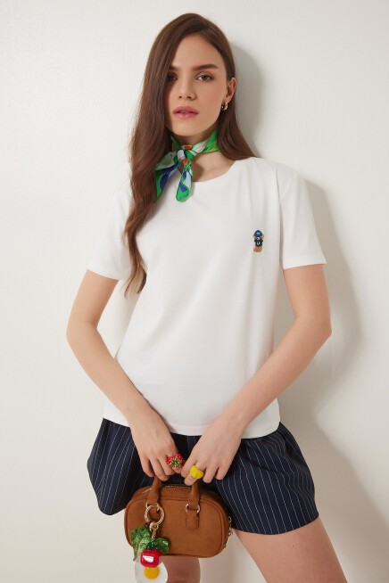 Ayıcık İşlemeli Pamuklu Örme T-shirt EKRU LCR0029