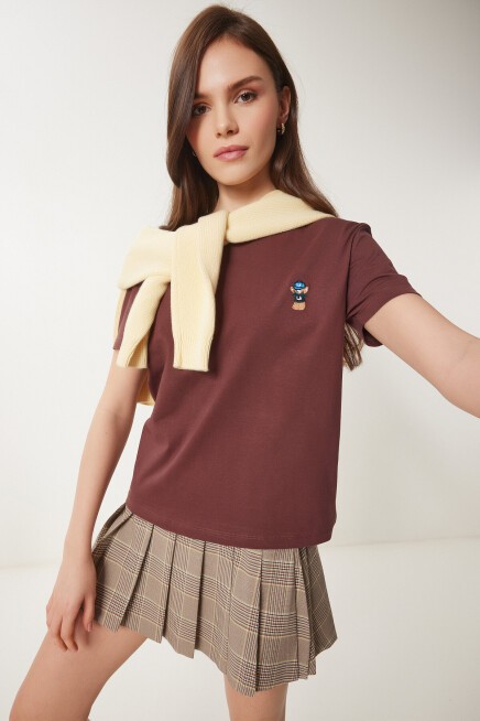 Ayıcık İşlemeli Pamuklu Örme T-shirt KAHVERENGİ LCR0029