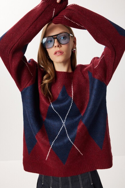 Baklava Desenli Oversize Triko Kazak BORDO LACİVERT LFN0124