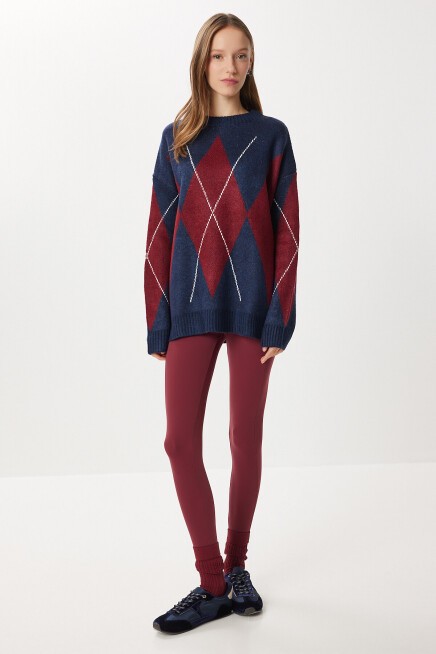 Baklava Desenli Oversize Triko Kazak LACİVERT BORDO LFN0124