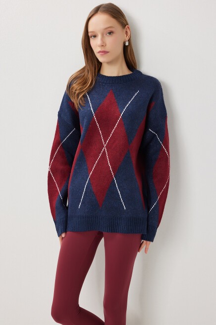 Baklava Desenli Oversize Triko Kazak LACİVERT BORDO LFN0124