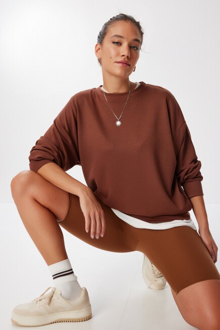 Basic Mevsimlik Modal Sweatshirt KAHVERENGİ LEN0026