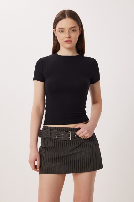 Bisiklet Yaka Basic Örme T-shirt SİYAH LDZ0067