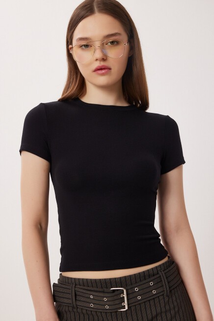 Bisiklet Yaka Basic Örme T-shirt SİYAH LDZ0067