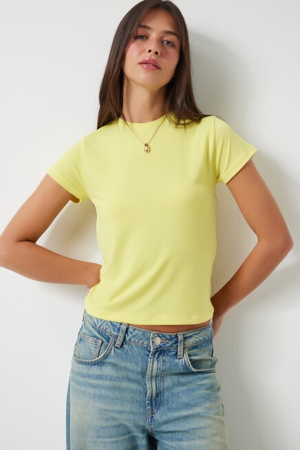 Bisiklet Yaka Kısa Kollu Basic Sandy T-shirt SARI LEN0002