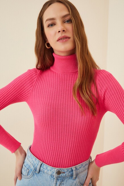 Boğazlı Fitilli Likralı Kazak CANLI PEMBE LDD0033