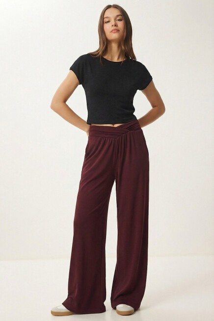 Büzgülü Çapraz Kemerli Örme Pantolon BORDO LCR0112