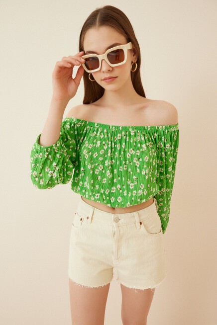 Çiçekli Carmen Yaka Crop Bluz YEŞİL LBZ0001