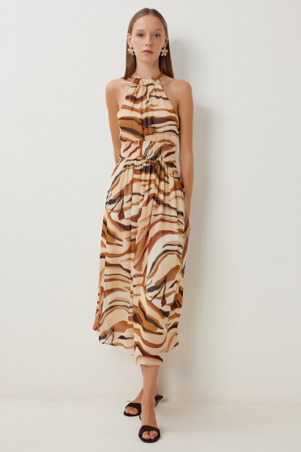 Desenli Midi Şifon Elbise CAMEL BEJ LFG0079