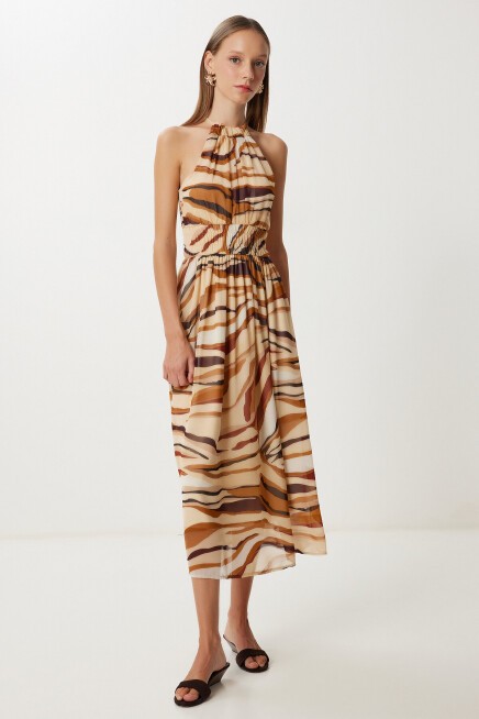 Desenli Midi Şifon Elbise CAMEL BEJ LFG0079