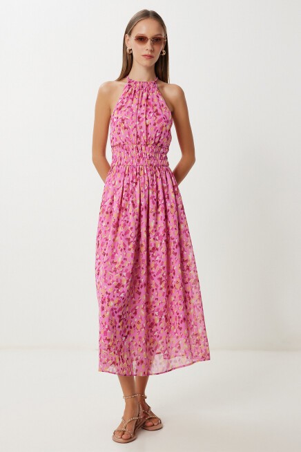 Desenli Midi Şifon Elbise PEMBE SARI LFG0083
