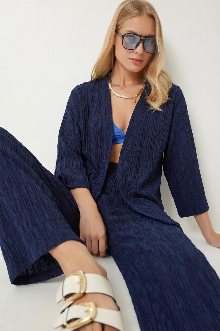 Dokulu Oversize Örme Kimono Takım LACİVERT LBY0041