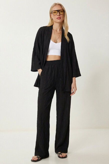 Dokulu Oversize Örme Kimono Takım SİYAH LBY0041