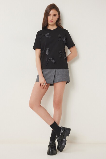 Fiyonklu Pamuklu Örme T-shirt SİYAH LCR0028
