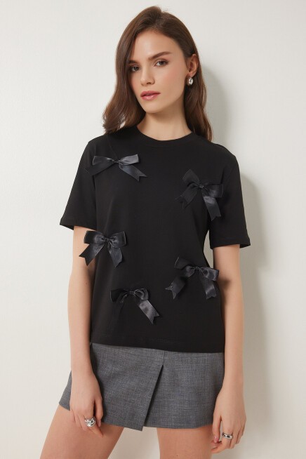 Fiyonklu Pamuklu Örme T-shirt SİYAH LCR0028