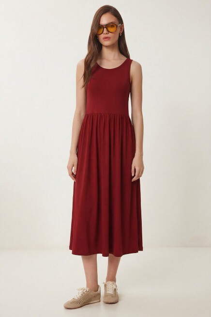 Halter Yaka Basic Yazlık Örme Elbise BORDO LCR0053