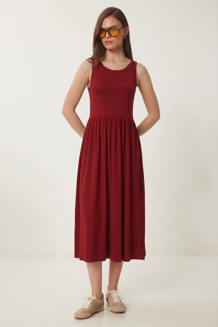 Halter Yaka Basic Yazlık Örme Elbise BORDO LCR0053