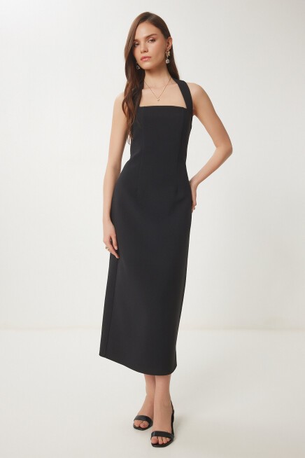 Halter Yaka Midi Dokuma Elbise SİYAH LFK0005
