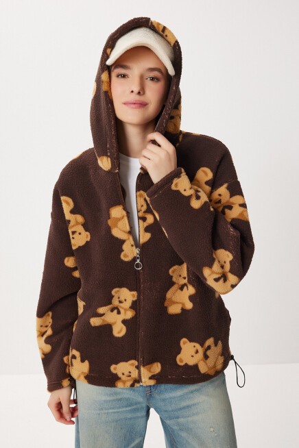 Kapüşonlu Ayıcıklı Oversize Polar Sweatshirt KAHVERENGİ LCI0065