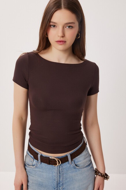 Kayık Yaka Basic Örme Bluz KAHVERENGİ LDZ0065