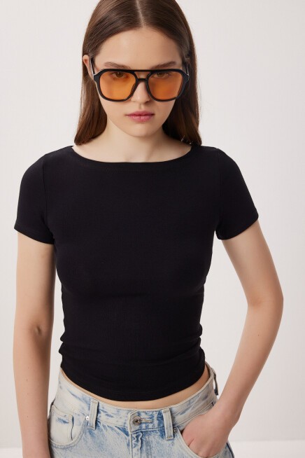 Kayık Yaka Basic Örme Bluz SİYAH LDZ0065