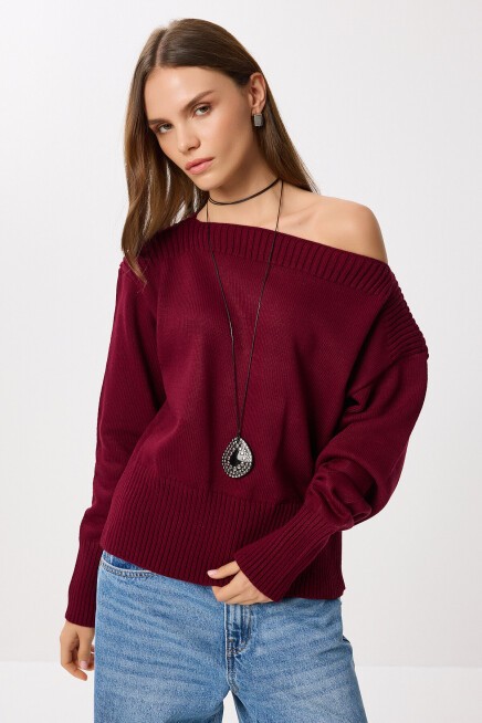 Kayık Yaka Triko Kazak BORDO LDP0080