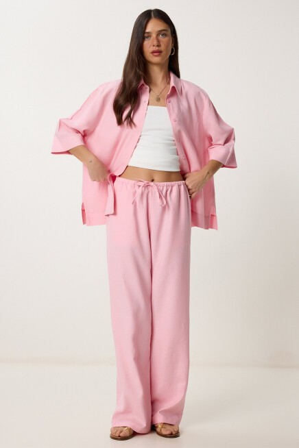 Keten Gömlek Pantolon Takım PEMBE LDP0058