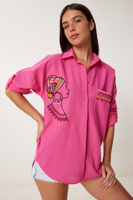 Nakış Detaylı Oversize Keten Gömlek PEMBE LDE0007